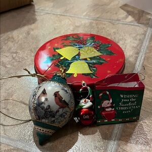 Festive Vintage Christmas Set - 2 ornaments and 1 tin
